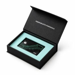 Magnetic flap gift box shown open with a fitted insert